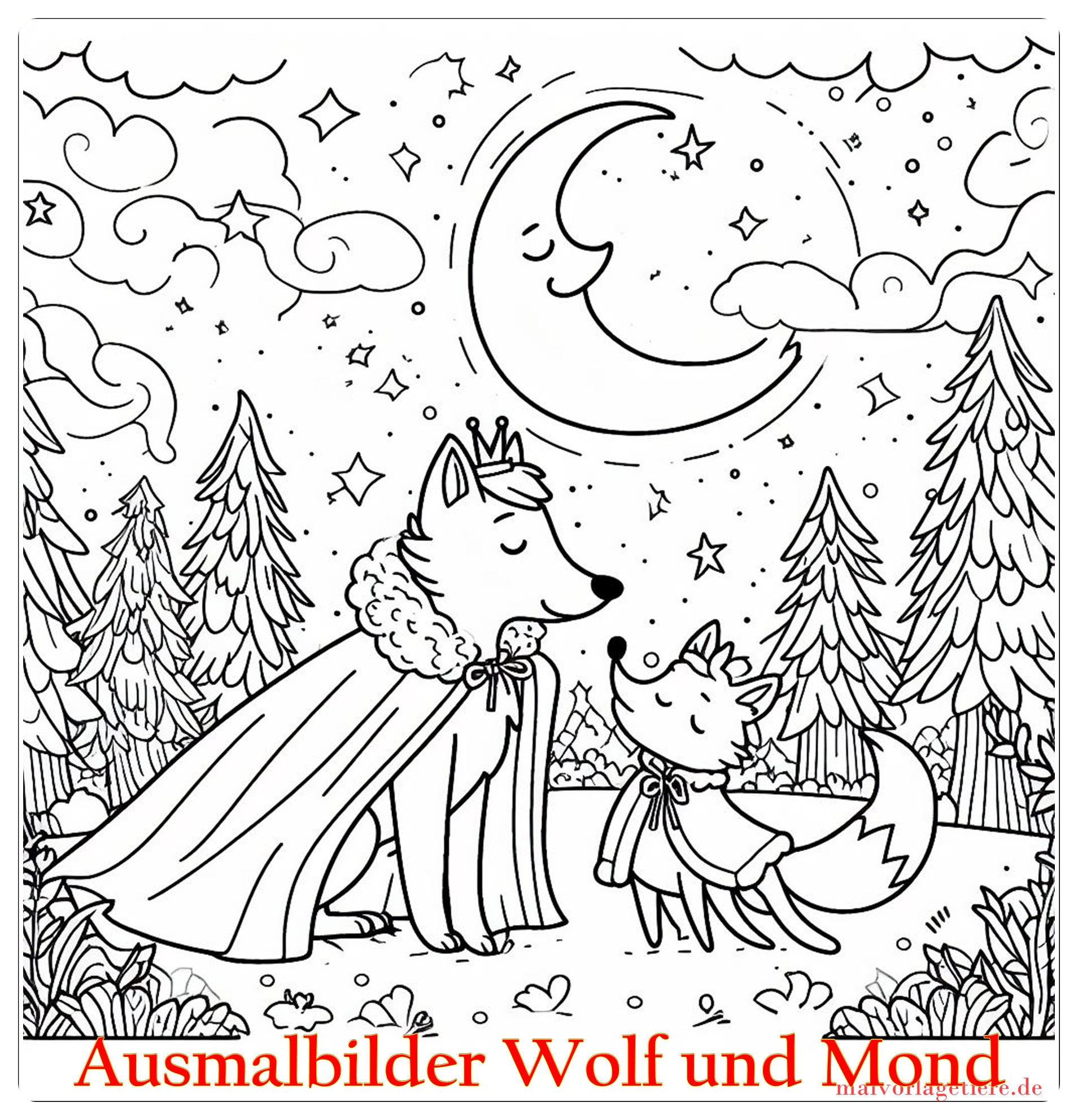 Ausmalbilder Wolf und Mond 01 by malvorlagetiere