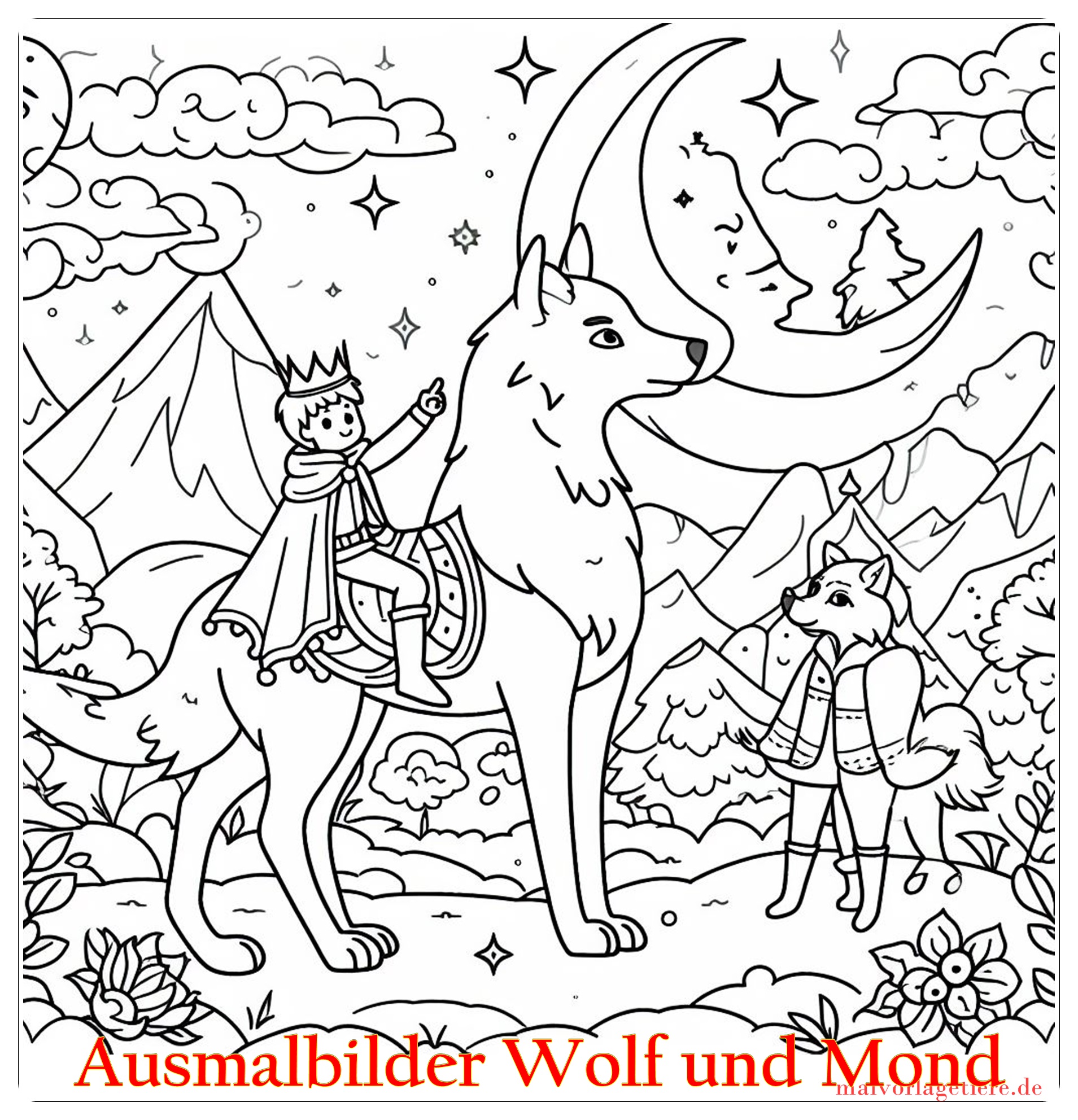 Ausmalbilder Wolf und Mond 02 by malvorlagetiere