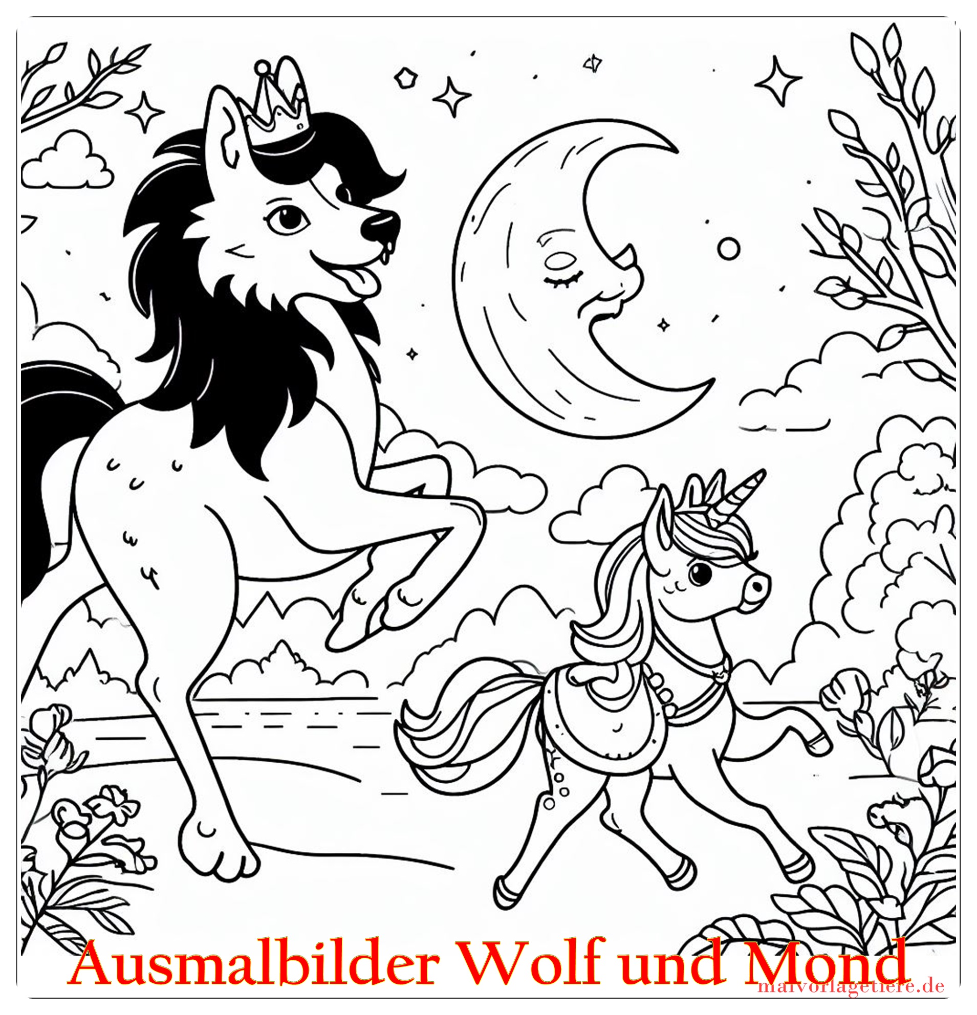 Ausmalbilder Wolf und Mond 03 by malvorlagetiere