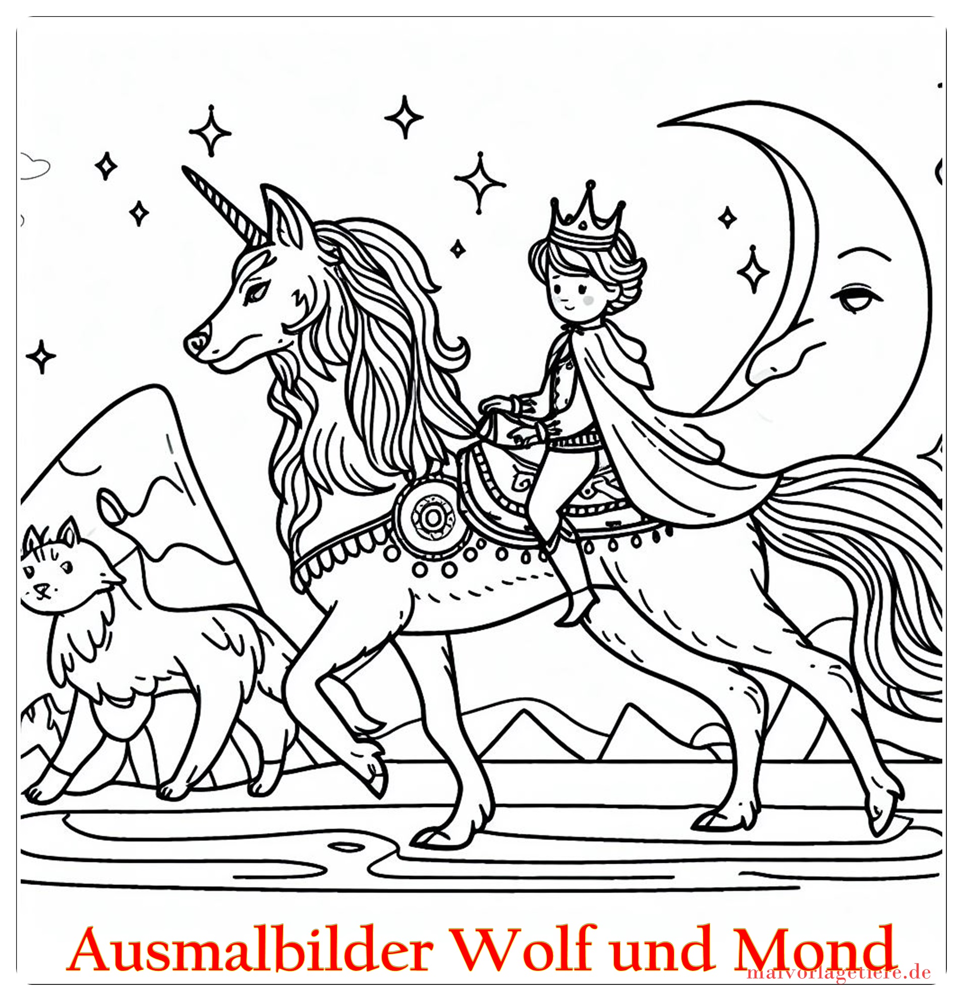 Ausmalbilder Wolf und Mond 04 by malvorlagetiere