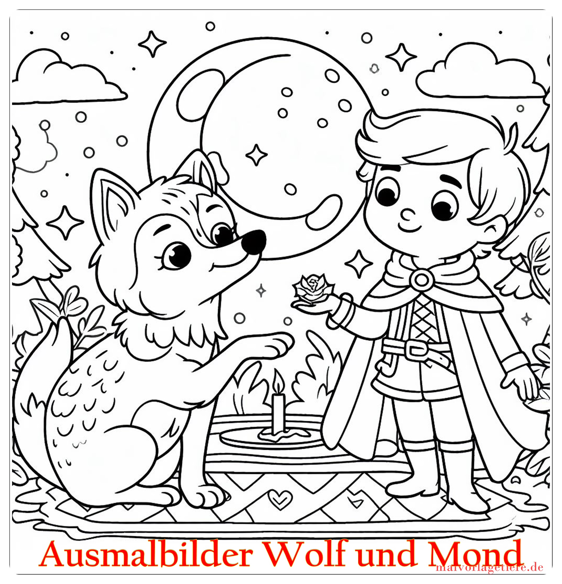 Ausmalbilder Wolf und Mond 05 by malvorlagetiere