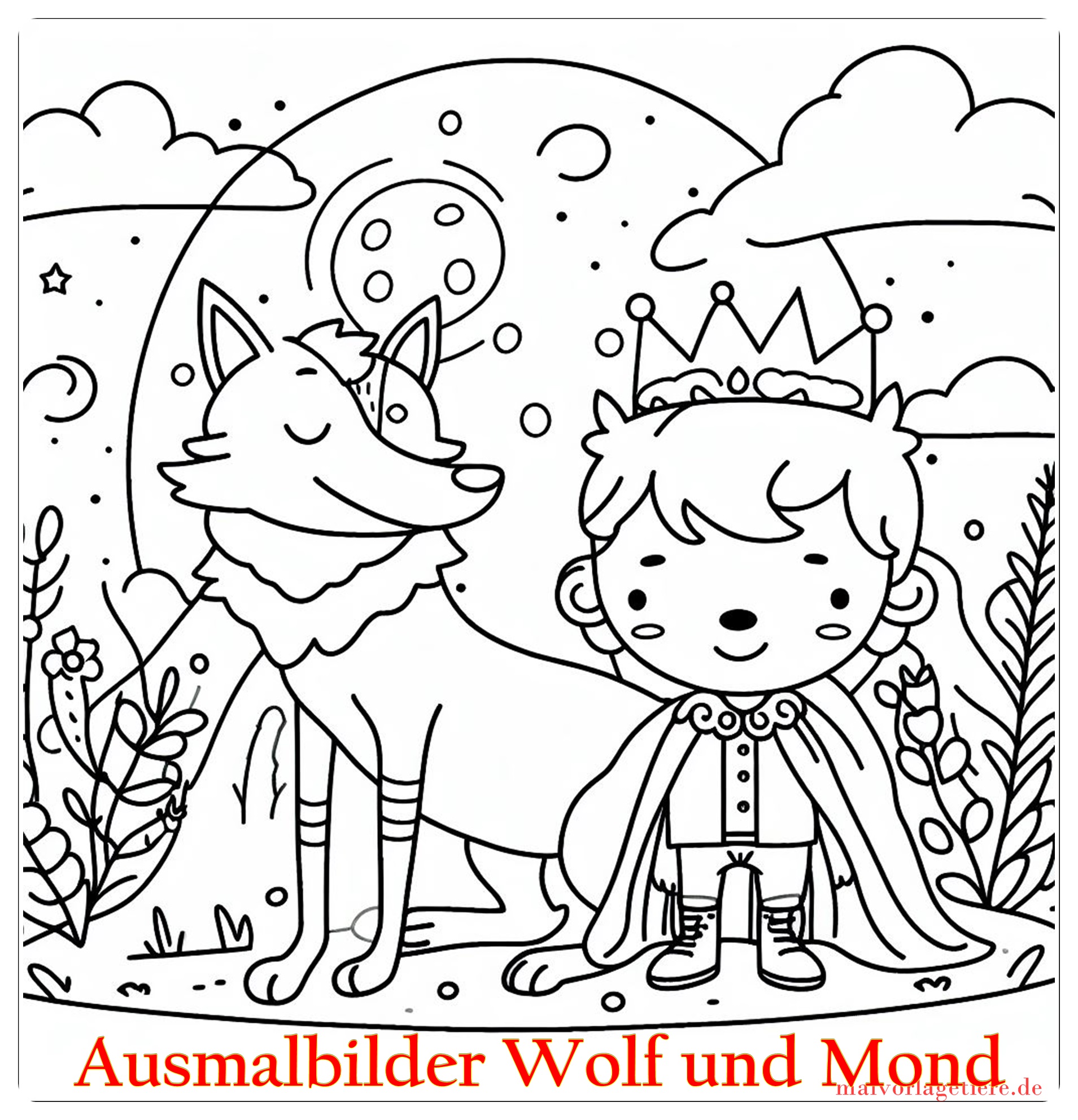 Ausmalbilder Wolf und Mond 06 by malvorlagetiere