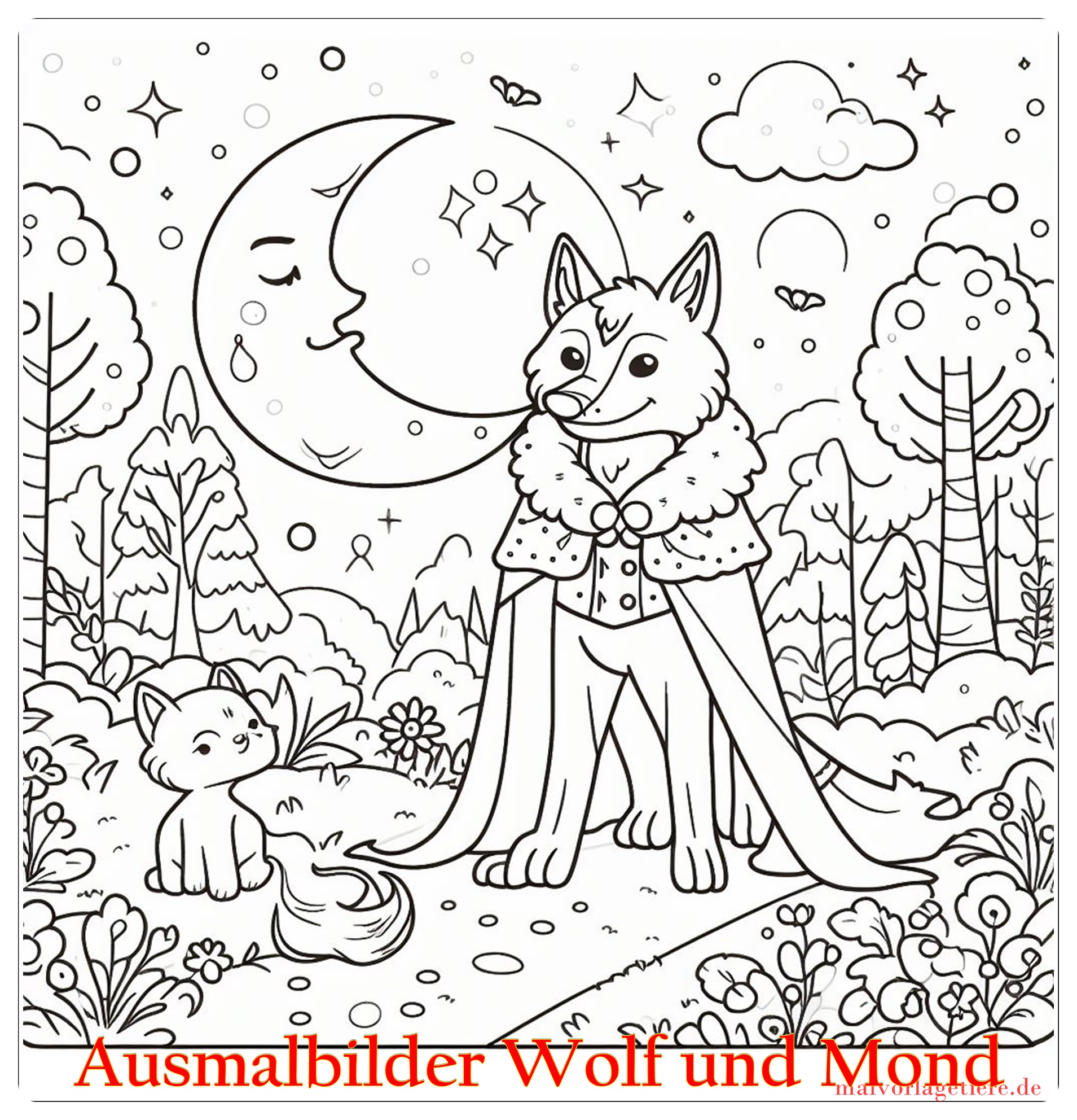 Ausmalbilder Wolf und Mond 07 by malvorlagetiere