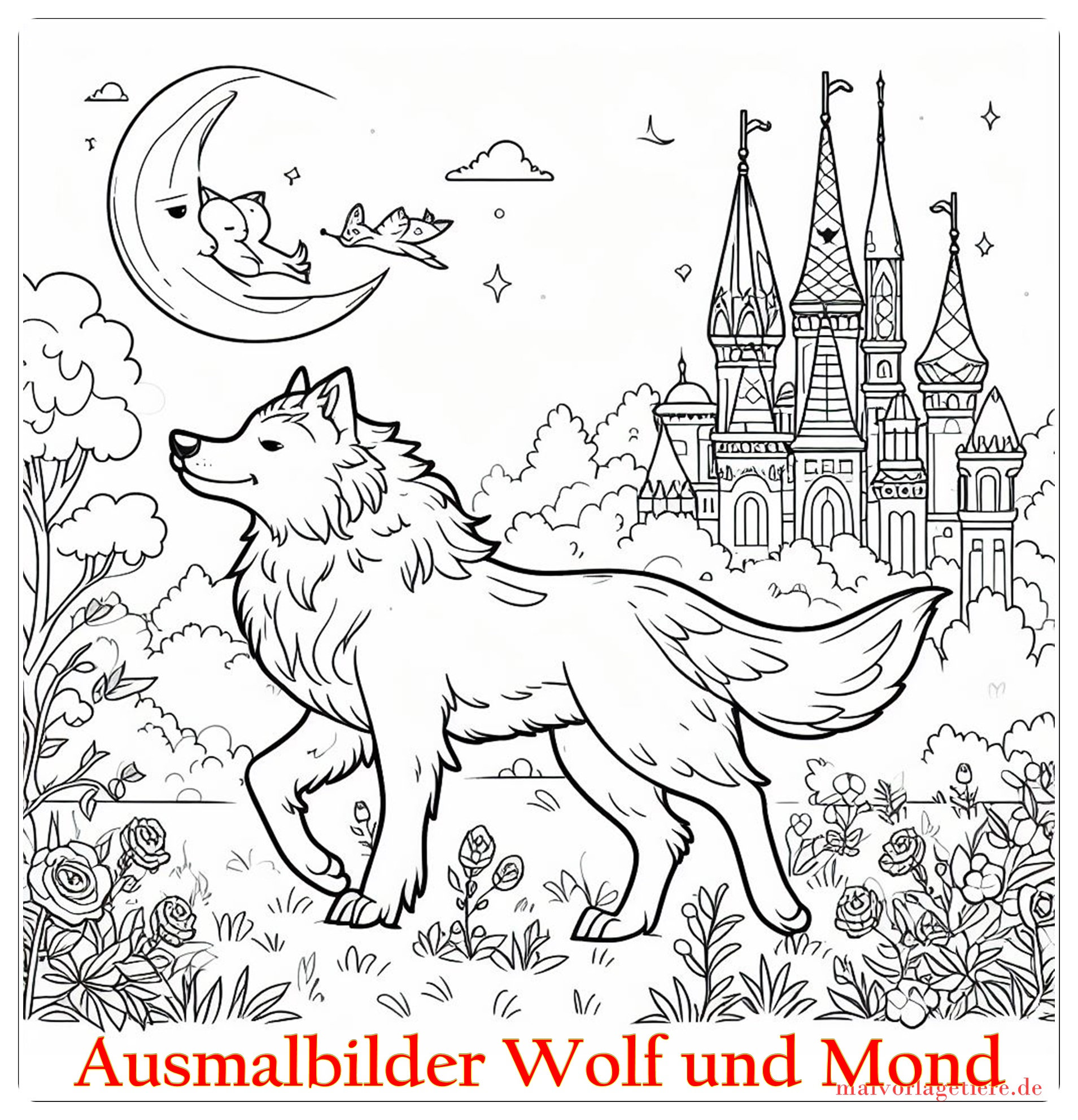 Ausmalbilder Wolf und Mond 08 by malvorlagetiere