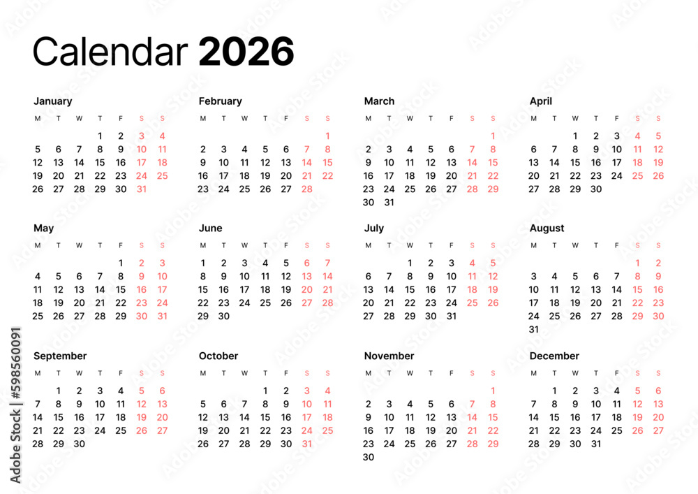 Kreatives Bild zu Annual calendar template for 2026 year. Week Starts on Monday. Business Annual calendar template for 2026 year. Week Starts on Monday. Business Illustration