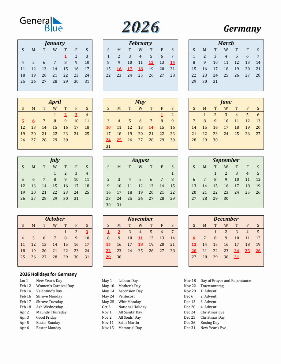 Vorlage: 2026 Germany Calendar 2026 Germany Calendar Illustration