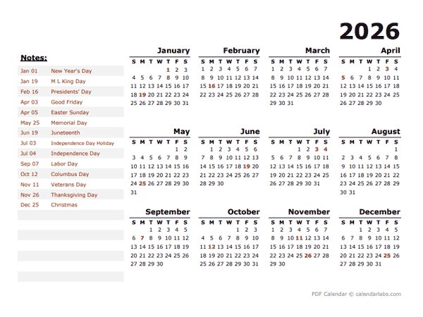 2026 Year Calendar Template with US Holidays - Free Printable Templates Foto & Idee 2026 Year Calendar Template with US Holidays - Free Printable Templates