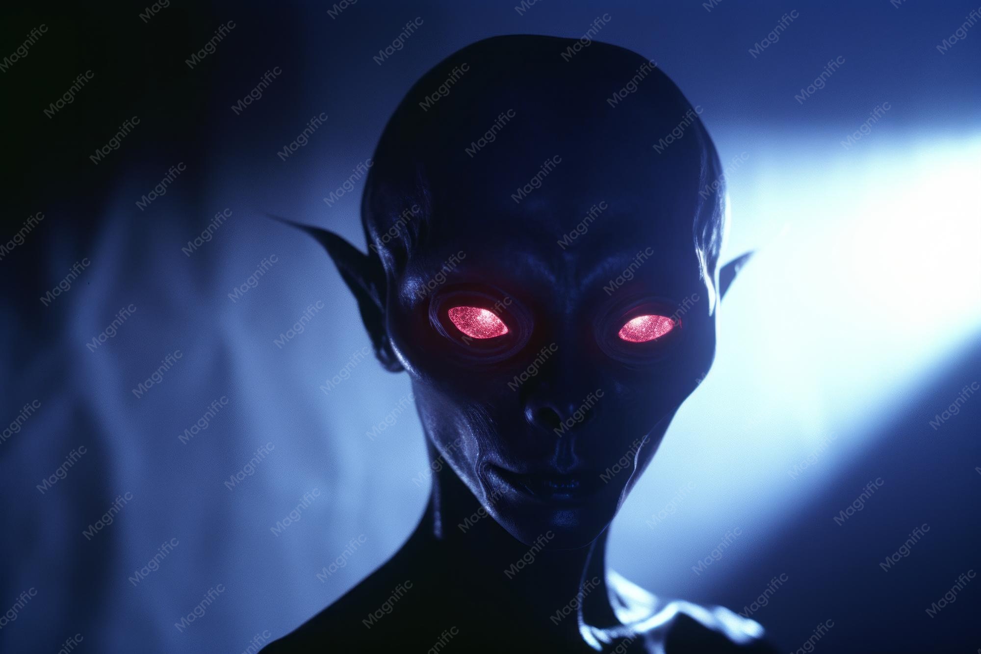 Hundredths – Futuristic alien head with glowing red eyes on a black background