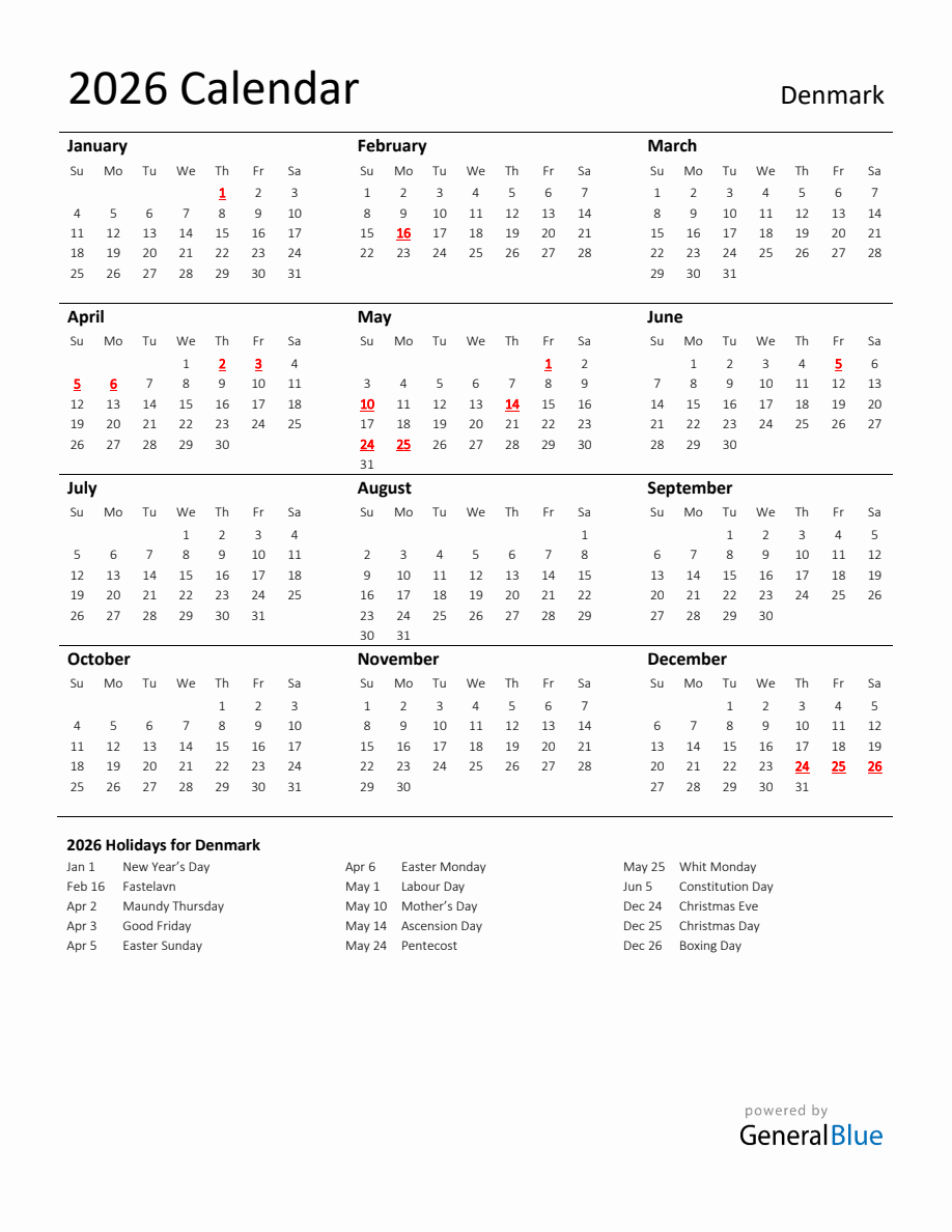 Standard Holiday Calendar for 2026 with Denmark Holidays Bild & Inspiration Standard Holiday Calendar for 2026 with Denmark Holidays