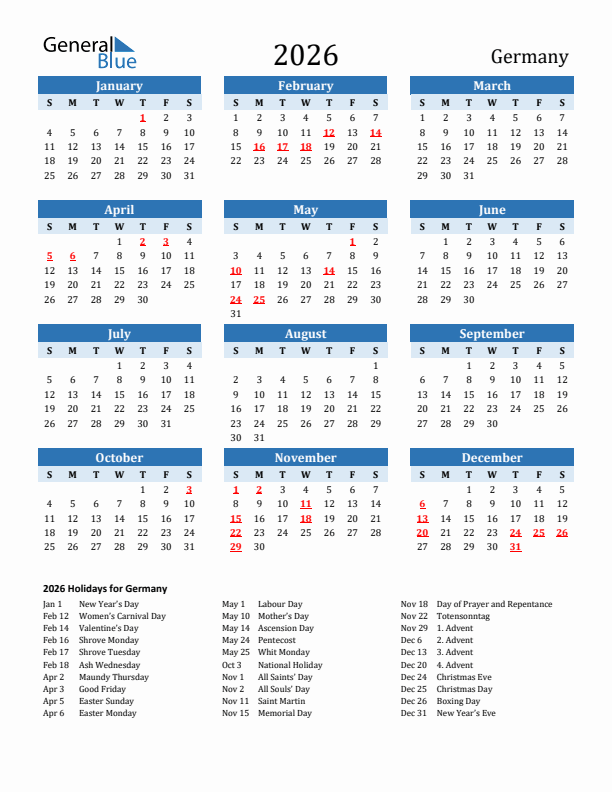2026 Germany Calendar with Holidays Foto & Idee 2026 Germany Calendar with Holidays