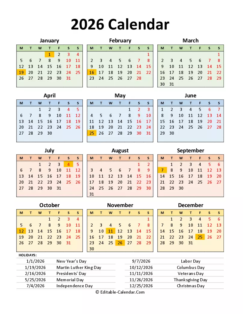 Vorlage: Download Editable 2026 Calendar With Us Holidays Portrait, weeks start Download Editable 2026 Calendar With Us Holidays Portrait, weeks start